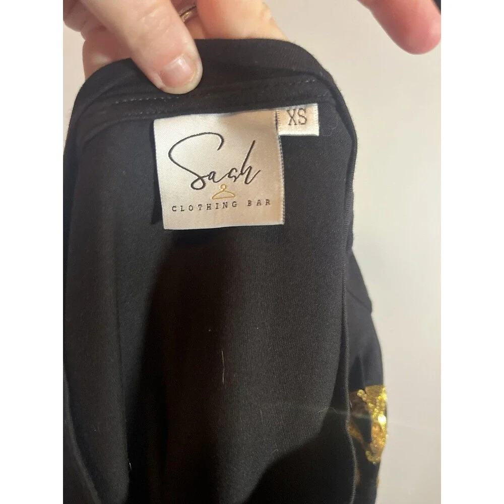 Sash Clothing Bar Saints Sequin Fleur De Lis Top XS Black Gold Puff Sleeve
